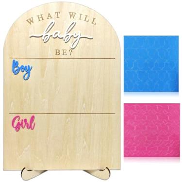 Imagem de Tabuleiro de votação revelador de gênero de bebê de madeira com suporte, adesivos de votação de menino ou menina, tabuleiro de jogo de adivinhação de gênero, lance seu sinal de voto, ele ou ela What