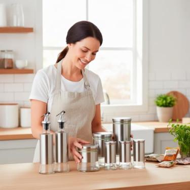 Imagem de Kit 7 Peças de Organizadores de Temperos e Galheteiros em Aço Inox – Porta Condimentos, Saleiros e Galheteiros com Vedação Hermética para Cozinha e Mesa