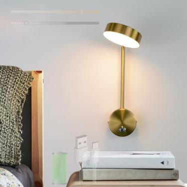 Imagem de GZZBMY LED Bateria Arandela Interna 330° Arandelas Modernas Rotativas com Controle por Toque Regulável Iluminação de Parede Sem Fio Magnético para Sala de Estar Quarto Mesa de Cabeceira (Ouro, 1 Peç