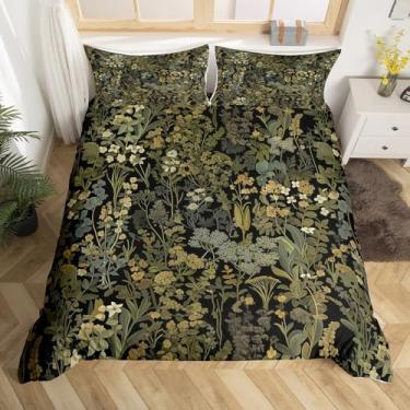 Imagem de Conjunto de capa de edredom retrô botânico, tamanho solteiro, folhas verde-escuras, conjunto de cama 2 peças para decoração de quarto de crianças, adolescentes e adultos, capa de edredom com samambaia
