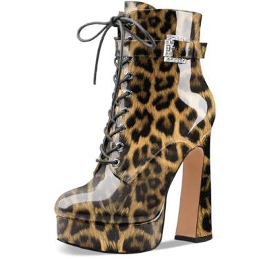 Imagem de Perisis Bota feminina preta de cano curto plataforma com cadarço salto alto grosso fechado bico redondo com zíper lateral e fivela de alça para mulheres sexy e fofas, Patente marrom-leopardo, 39