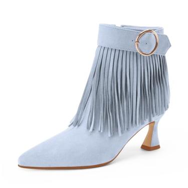 Imagem de Perisis Botas femininas com franjas, salto gatinho, preto, clássico, bico fino, cano curto, com zíper lateral, Azul-bebê, 6.5