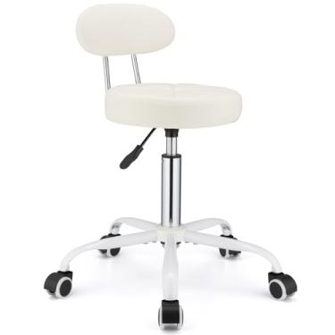 Imagem de FNZIR Banqueta de couro PU com suporte para as costas, cadeira giratória ajustável com rodas, cadeira de desenho para spa slaon massagem base estável pé branco