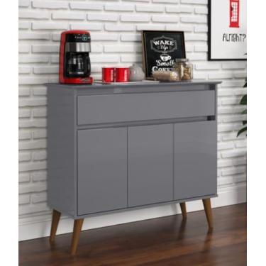 Imagem de Aparador Buffet Retrô Cinza Pés de Madeira com 3 Portas e Gaveta Zeus