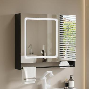 Imagem de ChooChoo Armário de remédios de banheiro com espelho, armário de espelho moderno com luzes LED, armário de parede de banheiro com fronhas ajustáveis, barra de toalha, preto