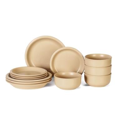 Imagem de GZG Série Vintage – Conjunto de louça de cerâmica para 4, 12 peças, conjunto de pratos e tigelas de grés, sem chumbo, conjunto de pratos feitos à mão, seguro para micro-ondas e lava-louças - damasco