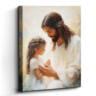 Imagem de WOXZQ Arte de parede de Jesus Cristo, orando com criança, decoração de parede religiosa, impressão em tela sem moldura, papel laminado, arte de pôster cristão, para presente de sala de oração, 30 x 38