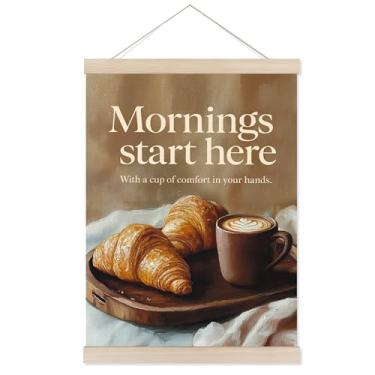 Imagem de Welshower Moldura para pôster de cozinha moderna, decoração de arte de parede café e croissant café da manhã para casa, cozinha, sala de jantar, café, bar, estação, restaurante, 30,5 x 40,6 cm