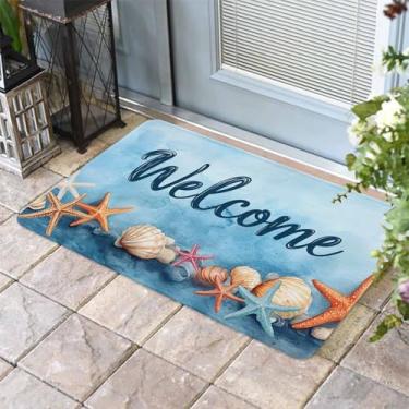 Imagem de Tapete de porta frontal com concha de estrela do mar em aquarela, entrada externa, antiderrapante, absorvente, capacho para ambientes internos e externos para varanda, decoração de casa, 41 x 61 cm