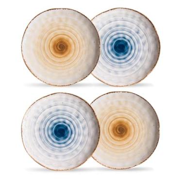 Imagem de Pratos redondos de cerâmica para salada de sobremesa – 21 cm, conjunto de 4, jogo de pratos de cerâmica colorida para aperitivo, salada, casa, festa, máquina de lavar louça, forno e micro-ondas (azul