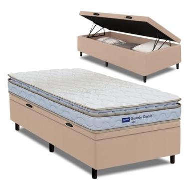 Imagem de Cama Box Baú Solteiro Probel Espuma D33 Pillow Top 88x188x59cm Guarda Costas Lyon Branco/Bege