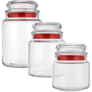 Imagem de Conjunto de Potes de Vidro com Tampa Vermelha, 3 Peças, Empilháveis, Recipientes para Armazenamento de Alimentos, Vidro Transparente