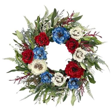 Imagem de Guirlanda de flores de seda, vermelha, branca, azul, verde, 45 cm para porta da frente, decoração ideal para ambientes internos e externos
