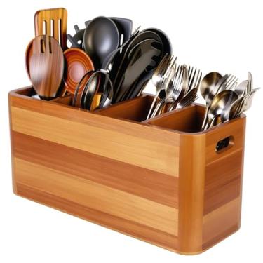 Imagem de Organizador de utensílios de madeira com 4 compartimentos, rack de armazenamento para cozinha, inclui almofadas antiderrapantes e parafusos