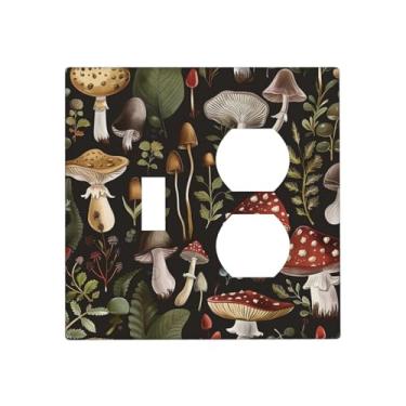 Imagem de JDAKHD Placa de parede decorativa de cogumelo retrô com 2 interruptores e duplex, preto, vintage, floral, planta botânica, casa de fazenda, 1 interruptor + 1 capa de saída para bancadas de cozinha e