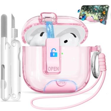 Imagem de Capa transparente para AirPods 4, suporte de telefone e trava de segurança | Capa de abertura automática compatível com Apple AirPods 4ª geração 2024, com kit de limpeza e chaveiro antiperda, à prova