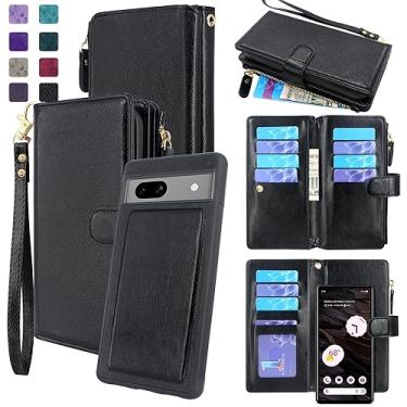 Imagem de Lacass Capa compatível com Google Pixel 7A 5G 2023 [12 compartimentos para cartão] Carteira de couro magnética destacável com cordão de pulso (preto)