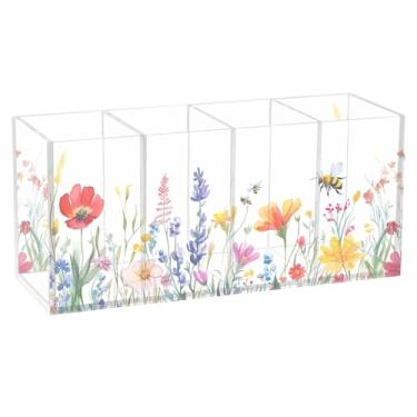 Imagem de SEHANY Porta-canetas de acrílico com flores silvestres coloridas, 4 compartimentos, porta-lápis transparente, organizador de pincéis de maquiagem, organizador de papelaria para escritório, casa