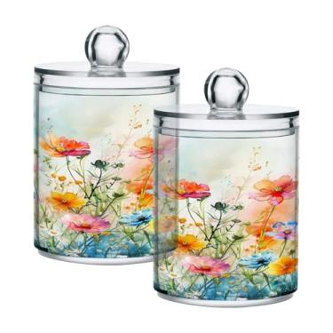 Imagem de ATTX Dispensador de suporte Qtip Wildflowers para bola de algodão, cotonete, frasco de boticário de plástico transparente, decoração de casa, pote de armazenamento de cozinha, pacote com 2 (395)
