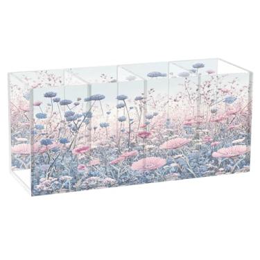 Imagem de SEHANY Porta-canetas de acrílico com flores silvestres coloridas, 4 compartimentos, porta-lápis transparente, organizador de pincéis de maquiagem, organizador de papelaria para escritório, casa