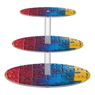 Imagem de Blueangle Suporte redondo de cupcake de 3 camadas – Torre de sobremesa acrílica com padrão de fragmento de quebra-cabeça, suporte de sobremesa em camadas antiderrapante para chá de bebê, aniversário