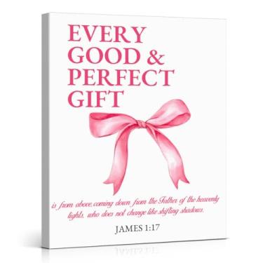 Imagem de Impressão artística de parede com laço rosa cristão coquete versículo bíblico James 1:17 pintura religiosa rosa decoração de parede para casa quarto feminino dormitório 20 x 25 tela emoldurada