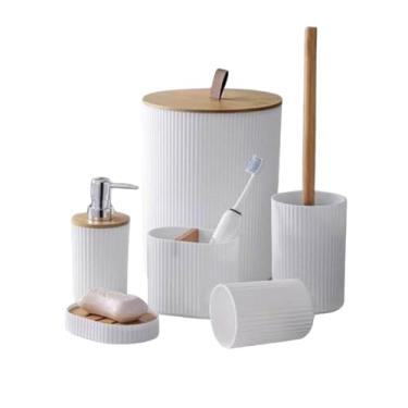 Imagem de Kit Acessórios de Banheiro 6 Peças, Plástico e Bambu, Branco Preto e Cinza, Porta Escova, Lixeira, Porta Sabonete Líquido, Saboneteira, Copo, Escova Sanitária