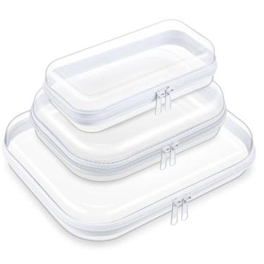 Imagem de Hoolerry 3 peças de estojo rígido transparente com zíper bolsa de plástico transparente bolsa de maquiagem bolsa organizadora de viagem portátil para cosméticos, blocos de construção, quebra-cabeças