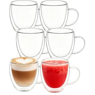 Imagem de Conjunto de xícaras de café de vidro de 170 - 241 g canecas de café de vidro de parede dupla com alça, caneca de vidro borossilicato com isolamento transparente, adequada para cappuccino, chá, latte