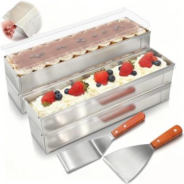 Imagem de Blushtier 4 formas retangulares antiaderentes para bolo de tiramisu com tampa de acrílico e 2 espátulas de metal com moldura removível 304 formas de bolo de aço inoxidável para mousse de cheesecake