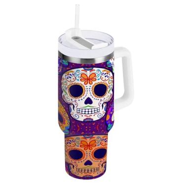 Imagem de Kigai Copo de 850 g com alça, copos coloridos com isolamento de caveira de açúcar com tampa e canudo, garrafa de água esportiva grande de metal, caneca de café de viagem de aço inoxidável