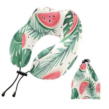 Imagem de CEBUGI Travesseiros de viagem portáteis em forma de U, travesseiro de pescoço de espuma viscoelástica com trava de corda ajustável para avião, viagem, trem, negócios, escritório, soneca (melancia)