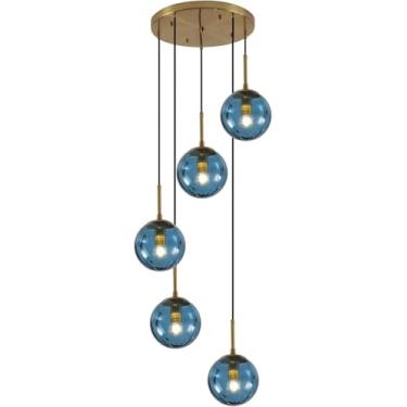 Imagem de Luminária pendente nórdica de vidro azul, conjunto de 5 lâmpadas em formato de globo, luminária pendente dourada escovada para ilha de cozinha, luminária pendente moderna estilo fazenda com
