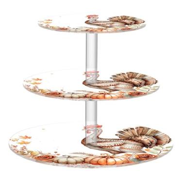 Imagem de CEBUGI Suporte de cupcake de 3 camadas de peru e folhas de outono suporte redondo para bolo bandeja de servir em camadas de acrílico para chá, chá de bebê, casamento e mais