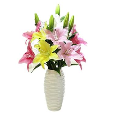 Imagem de LMJYU Conjunto de flores artificiais com vaso de orquídea lindo e realista com vaso de flores de cerâmica, simulação de plantas falsas, arranjo em vaso