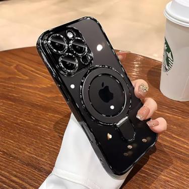 Imagem de PIKULOA Capa para iPhone 16 Pro Max com suporte magnético [compatível com MagSafe] [protetor completo de lente da câmera] Capa de telefone transparente à prova de choque com revestimento luxuoso para