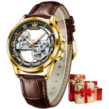 Imagem de OLEVS Relógios de pulso exclusivos esqueleto automáticos para homens, pulseira de couro preto e marrom, moda luxuosa, relógio mecânico masculino luminoso, à prova d'água, Pulseira marrom com mostrador