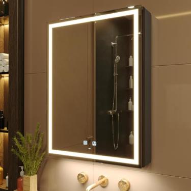 Imagem de KWW Armário de remédios para banheiro iluminado por LED com soquetes e USBs, desembaçador, regulável, espelho de maquiagem com luz de 3 cores, fácil de instalar, armário montado na parede (dobradiça