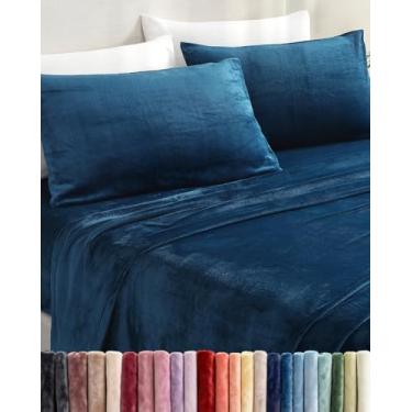 Imagem de Jogo de lençol Queen Size de flanela de veludo com 4 peças - Roupa de cama de lã super macia - 1 lençol de cima e 1 elástico e 2 fronhas - aconchegante, confortável e felpudo - bolsos profundos