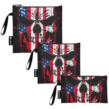 Imagem de Bolsa de lanche lavável com bandeira americana de caveira dos EUA e sacos de sanduíche, reutilizáveis, sacos de armazenamento de alimentos com zíper para escola, piquenique, trabalho, viagem (conjunto
