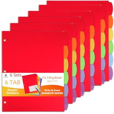 Imagem de 6 conjuntos (36 peças) divisórias de fichário com abas, 6 divisórias de arquivo de plástico para fichário de 3 anéis, escrever e apagar abas grandes, divisórias de assunto para cadernos, pastas