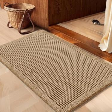 Imagem de IM HOME Tapete de banheiro waffle cáqui 61 cm x 43 cm, tapetes modernos de tecido boêmio, tapetes de banheiro absorventes antiderrapantes, tapetes de banho macios laváveis com borlas para banheiro