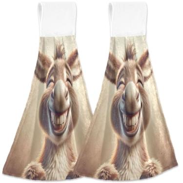 Imagem de TSENQUE Toalha de mão de burro rindo fofo com laço para pendurar toalhas de gravata de forno absorventes macias conjunto de 2, toalhas de cozinha fofas personalizadas decorativas 18,2 x 14 polegadas