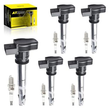 Imagem de ATURMC Conjunto de 5 bobinas de ignição UF575 e velas de ignição de irídio compatíveis com Audi A3 A4 A5 A6 Q5 R8 TT RS4 RS5 Volkswagen Jetta Passat Tiguan Beetle CC Golf GTI OEM - substitui # UF-575