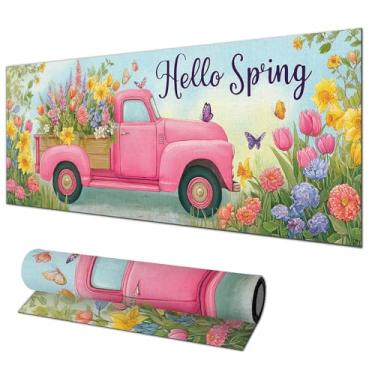 Imagem de HOMETITUTE Tapete de rato para jogos XL Tapete de rato Hello Spring Pink Truck Floral 31,5 x 11,8 polegadas teclado antiderrapante tapete protetor de mesa tapete de rato grande para casa e escritório