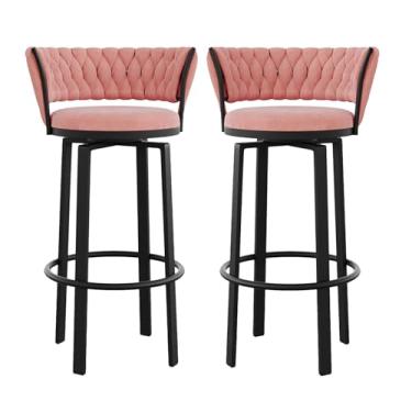 Imagem de Conjunto de 2 banquetas giratórias para bancadas de cozinha com encosto trançado, assento de veludo, pernas de metal preto, altura do assento 65 cm