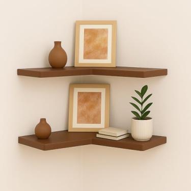 Imagem de Kit prateleira de canto cantoneira em L - 2 unidades em MDF para Quartos, Cozinhas e Salas, Organização Prática e Espaçosa para Objetos e Decorações(Marrom)