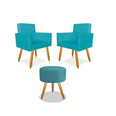 Imagem de Kit 2 Poltrona Nina com Puff Redondo para Recepção Escritório Consultó