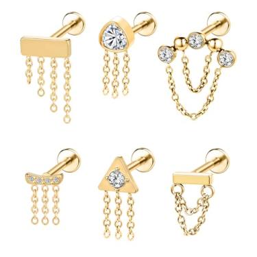 Imagem de AOEDEJ Brinco de cartilagem de costas planas com rosca interna de 16 g com corrente de aço cirúrgico brinco de hélice para mulheres, piercing para concha, tragus, hélice, lábio, labret, lóbulo da