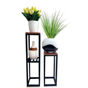 Imagem de Suporte Ferro e Madeira Estilo Industrial Para Vasos de chão